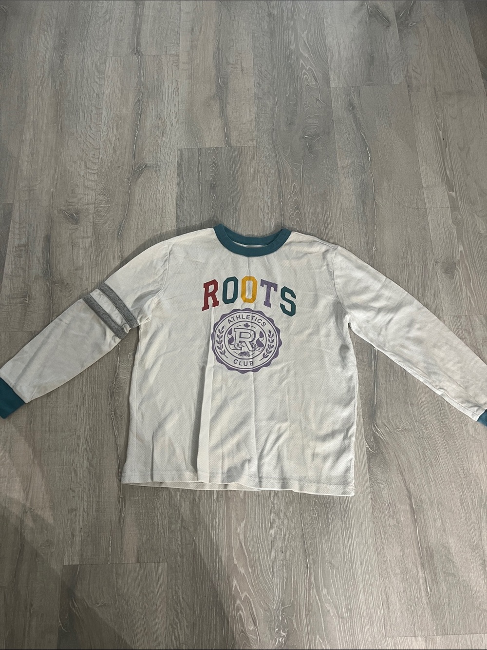 Roots White Long-Sleeve Tee with Multicolor Logo and Teal Trim